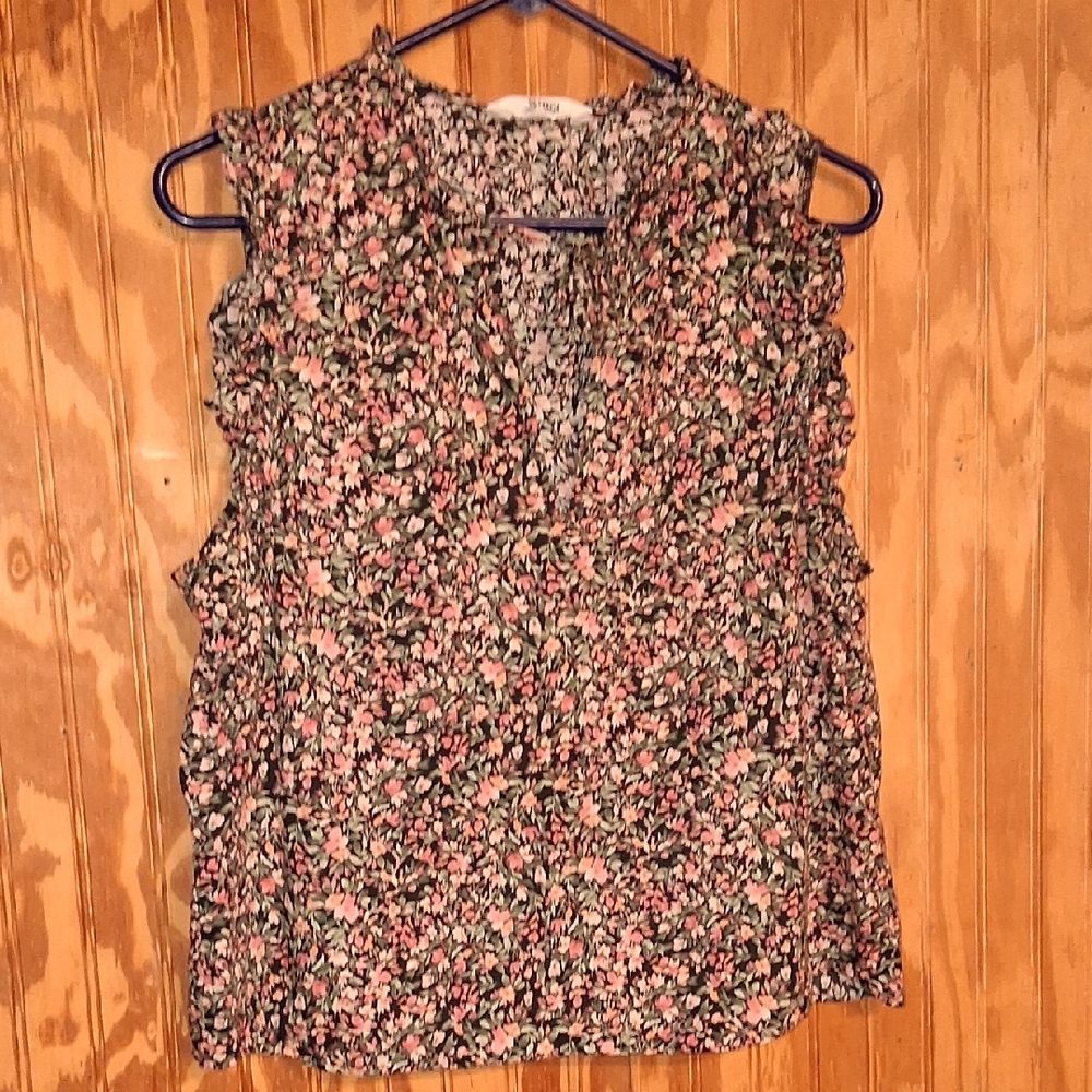 Steve Madden Black and Pink Floral Ruffle Blouse